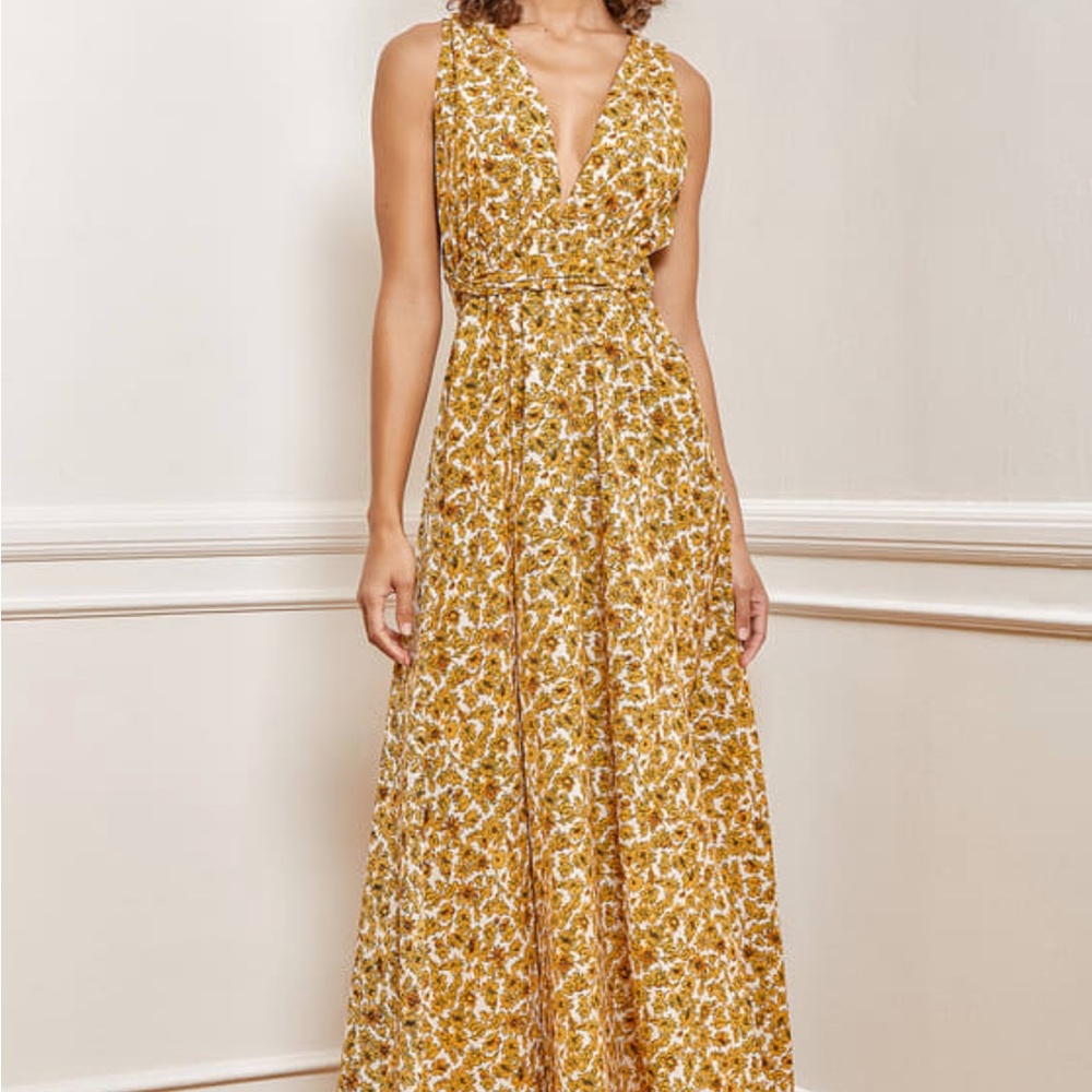 LULUS- Mustard Yellow Floral Print Halter Maxi Dress